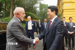 Chủ tịch nước Lương Cường đón Tổng thống Brazil Luiz Inácio Lula da Silva. (Ảnh: Lâm Khánh/TTXVN)