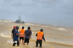 Công tác phối hợp ứng cứu tàu cá bị chìm đang được cán bộ, chiến sỹ và nhân dân thực hiện hết sức khẩn trương, tích cực. (Ảnh: TTXVN phát)