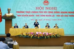 Thủ tướng Lê Minh Hưng chủ trì Hội nghị Thường trực Chính phủ với cộng đồng doanh nghiệp. (Ảnh: Dương Giang/TTXVN)
