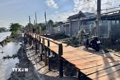 Cầu tạm bắc qua bờ bắc kênh Đòn Dong, nơi xảy ra vụ sạt lở làm hư hỏng tuyến giao thông. (Ảnh: Thanh Sang/TTXVN)