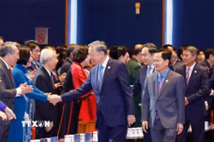 Tổng Bí thư, Chủ tịch nước Tô Lâm và các đồng chí lãnh đạo, nguyên lãnh đạo Đảng, Nhà nước đến dự Phiên trọng thể Đại hội XIV Công đoàn Việt Nam. (Ảnh: Thống Nhất/TTXVN)