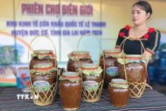 Sản phẩm rượu cần của thị xã Ayun Pa (Gia Lai) lần đầu tiên tham gia phiên chợ biên giới Việt Nam-Campuchia tại Cửa khẩu Quốc tế Lệ Thanh, huyện Đức Cơ. (Ảnh: Hoài Nam/TTXVN)