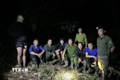 Lực lượng tìm kiếm tiếp cận, sơ cứu cho du khách bị thương khi đi lạc trong rừng đặc dụng. (Ảnh: TTXVN phát)