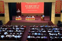 Quang cảnh Kỳ họp thứ 27 Hội đồng Nhân dân tỉnh Bắc Kạn khóa 10, nhiệm kỳ 2021-2026. (Ảnh: Nguyễn Công Hải/TTXVN)