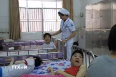 Làng Hòa Bình trong khuôn viên bệnh viện Từ Dũ thành phố Hồ Chí Minh là nơi cưu mang, nuôi dưỡng hơn 400 trẻ khuyết tật đa số bị ảnh hưởng bởi chất độc da cam/dioxin. Làng Hòa Bình có 39 cán bộ, nhân viên thì có 36 người là nữ chăm lo toàn bộ việc ăn uống, chăm sóc sức khỏe, tập trị liệu, dạy chữ cho các em. (Ảnh: Đinh Hằng/TTXVN)