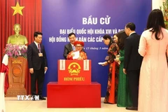 Cử tri Nguyễn Thị Khẩn, 96 tuổi là cử tri lớn tuổi nhất khu vực bỏ phiếu số 8, phường Hải An, thành phố Hải Phòng tham gia bỏ phiếu. (Ảnh: Hoàng Ngọc/TTXVN)