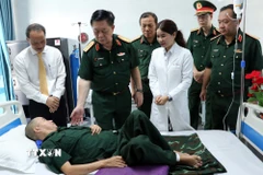 Đại tướng Nguyễn Trọng Nghĩa thăm hỏi thương binh nặng tại Trung tâm Điều dưỡng thương binh và người có công Long Đất. (Ảnh: Đoàn Mạnh Dương/TTXVN)
