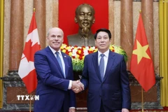 Chủ tịch nước Lương Cường tiếp Đại sứ Canada James Nickel đến trình Quốc thư, nhận nhiệm vụ công tác tại Việt Nam. (Ảnh: Lâm Khánh/TTXVN)