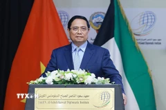 Thủ tướng Phạm Minh Chính phát biểu về chính sách của Việt Nam tại Học viện Ngoại giao Kuwait. (Ảnh: Dương Giang/TTXVN)