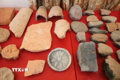 Các mảnh khuôn đúc trống đồng được khai quật tại thành cổ Luy Lâu tháng 12/2024. (Ảnh: TTXVN phát)