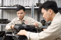 Sinh viên trường Cao đẳng Việt Mỹ Hà Nội thực hành tại xưởng Ôtô của trường. (Ảnh: Diệu Thúy/TTXVN)