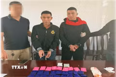 Các đối tượng Trần Mạnh Cường và Nguyễn Văn Kiều cùng tang vật thu giữ. (Ảnh TTXVN phát)