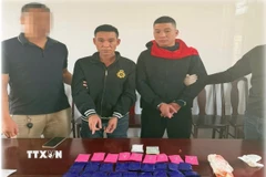 Các đối tượng Trần Mạnh Cường và Nguyễn Văn Kiều cùng tang vật thu giữ. (Ảnh TTXVN phát)