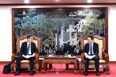 Thứ trưởng Bộ Tài chính Trần Quốc Phương và ông Hayakawa, Phó Chủ tịch JICA trao đổi tại buổi làm việc. (Nguồn: Bộ Tài chính)