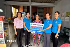 Chị Đặng Thị Huê, vượt khó nuôi con học đại học, nhận vốn cho vay của Hội Liên hiệp Phụ nữ xã Long Cang, tỉnh Tây Ninh. (Ảnh: Đức Hạnh/TTXVN)