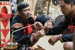 Nghi thức tháo vòng đồng 7 khấc và đeo vòng đồng mới cho người trưởng thành của dân tộc Ê Đê. (Ảnh: Lê Đông/TTXVN)