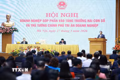 Thủ tướng Phạm Minh Chính chủ trì Hội nghị Doanh nghiệp góp phần vào tăng trưởng hai con số và Thủ tướng Chính phủ tri ân doanh nghiệp. (Ảnh: Dương Giang/TTXVN)