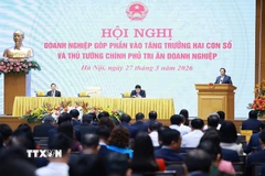 Thủ tướng Phạm Minh Chính chủ trì Hội nghị Doanh nghiệp góp phần vào tăng trưởng hai con số và Thủ tướng Chính phủ tri ân doanh nghiệp. (Ảnh: Dương Giang/TTXVN)