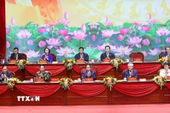 Đoàn Chủ tịch điều hành Đại hội đại biểu Đảng bộ Chính phủ lần thứ I, nhiệm kỳ 2025-2030. (Ảnh: Dương Giang/TTXVN)