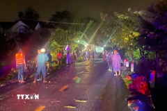 Các lực lượng chức năng tìm kiếm nữ giáo viên Nguyễn Thị Hồng Bảo Hân (xã D’ran) bị nước cuốn mất tích vào chiều tối 27/10. (Ảnh: TTXVN phát)