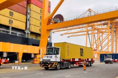 Các doanh nghiệp xuất nhập hàng tại cảng container số 3 và số 4 thuộc Cảng cửa ngõ quốc tế Hải Phòng. (Ảnh: Hoàng Ngọc/TTXVN)