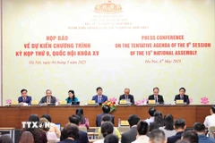 Quang cảnh buổi họp báo về chương trình Kỳ họp thứ 9, Quốc hội Khóa XV. (Ảnh: Minh Đức/TTXVN)