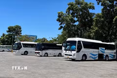 Xe chở khách du lịch tại thành phố Huế. (Ảnh: Văn Dũng/TTXVN)