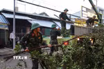 Cán bộ, chiến sỹ Trung đoàn 320 tham gia dọn dẹp, khắc phục hậu quả dông lốc. (Ảnh: Hồng Thái/TTXVN)
