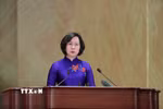Đồng chí Bùi Huyền Mai, Ủy viên Ban Thường vụ Thành ủy Hà Nội, Phó Chủ tịch không chuyên trách Ủy ban Trung ương MTTQ Việt Nam, Chủ tịch Ủy ban MTTQ Việt Nam thành phố Hà Nội trình bày tham luận. (Ảnh: Minh Đức/TTXVN)