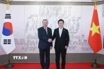 Tổng Bí thư Tô Lâm và Tổng thống Hàn Quốc Lee Jae Myung chụp ảnh chung. (Ảnh: Thống Nhất/TTXVN)