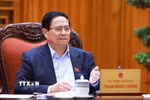 Thủ tướng Phạm Minh Chính chủ trì cuộc họp về tình hình triển khai tuyến đường sắt trọng điểm. (Ảnh: Dương Giang/TTXVN)