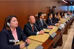 Phó Trưởng Phái đoàn Việt Nam tại Geneva Cung Đức Hân (thứ tư từ trái sang) cùng các thành viên đoàn liên ngành Việt Nam trong phiên bỏ phiếu các nghị quyết. (Ảnh: TTXVN phát)