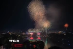 Những chùm pháo hoa sắc màu tại khu vực Hồ Hoàn Kiếm chào đón năm mới 2026. (Ảnh: Lê Đông/TTXVN)