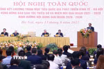 Thủ tướng Phạm Minh Chính phát biểu tại Hội nghị toàn quốc Tổng kết Chương trình mục tiêu quốc gia phát triển kinh tế-xã hội vùng đồng bào dân tộc thiểu số. (Ảnh: Dương Giang/TTXVN)