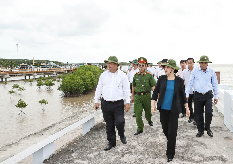 Chủ tịch Quốc hội Nguyễn Thị Kim Ngân khảo sát bãi bồi bờ kè tại xã Đất Mũi, huyện Năm Căn. (Ảnh: Trọng Đức/TTXVN)