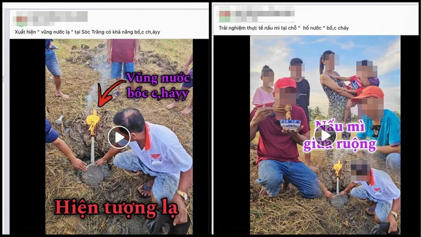 Một Fanpage liên tục đăng thông tin về hố nước có thể cháy ở Sóc Trăng, thậm chí Facebooker này còn trải nghiệm nấu và ăn mì gói tại chỗ. Ảnh chụp màn hình.