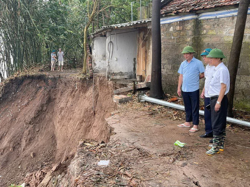 Ông Trương Văn Học, Phó Chủ tịch Ủy ban Nhân dân huyện Gia Lâm đi kiểm tra thực tế những vị trí sạt lở bờ sông ở xã Kim Lan. (Ảnh: Mạnh Khánh/TTXVN)