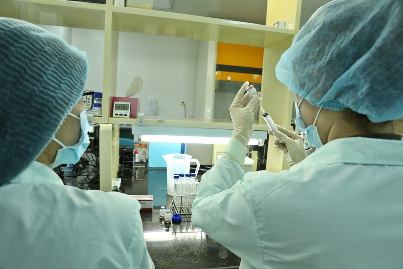 Nhân viên Công ty TNHH Một thành viên Vaccine và Sinh phẩm số 1 (VABIOTECH) thử nghiệm định lượng Protein trong vaccine ngừa COVID-19. (Ảnh: Minh Quyết/TTXVN)