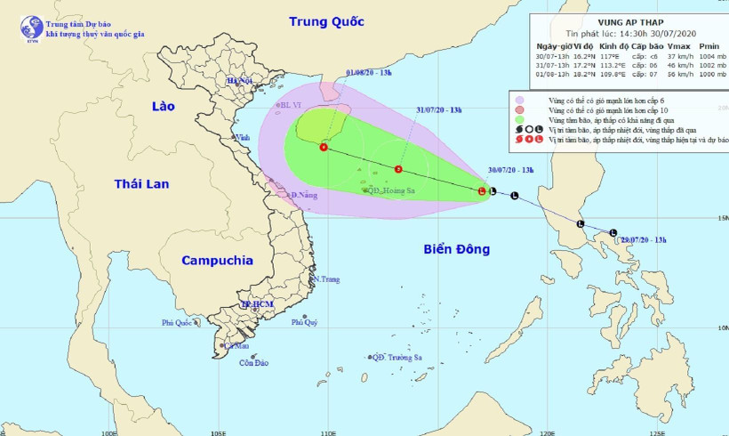 Bản đồ đường đi của vùng áp thấp trên Biển Đông. (Nguồn: nchmf.gov.vn)