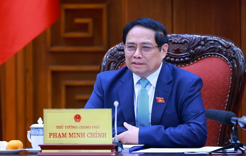 Thủ tướng Phạm Minh Chính chủ trì Phiên họp thứ nhất Ban Chỉ đạo tổng kết thực hiện Nghị quyết số 18-NQ/TW về đổi mới, sắp xếp tổ chức bộ máy. (Ảnh: Dương Giang/TTXVN)