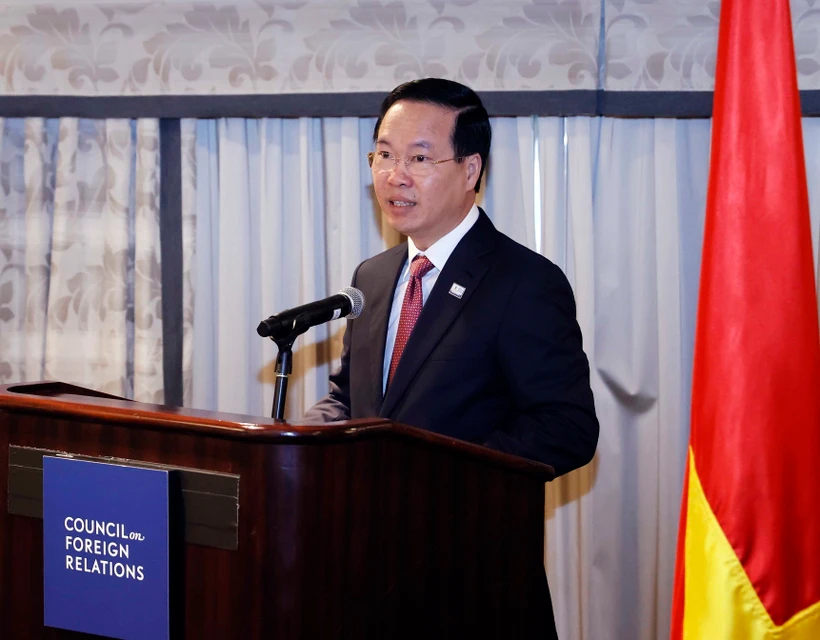 Chủ tịch nước Võ Văn Thưởng phát biểu tại Hội đồng Quan hệ đối ngoại Hoa Kỳ. (Ảnh: Thống Nhất/TTXVN)