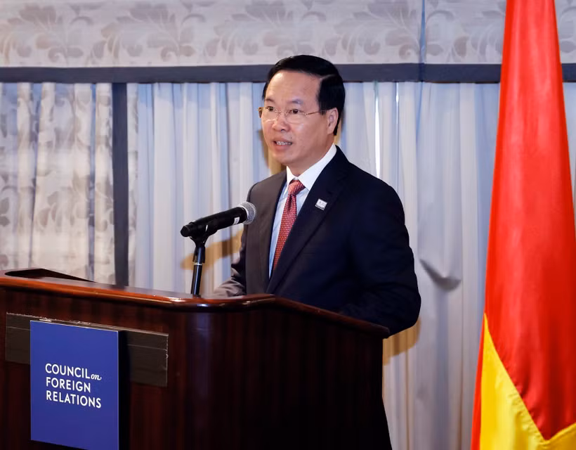 Chủ tịch nước Võ Văn Thưởng phát biểu tại Hội đồng Quan hệ đối ngoại Hoa Kỳ. (Ảnh: Thống Nhất/TTXVN)