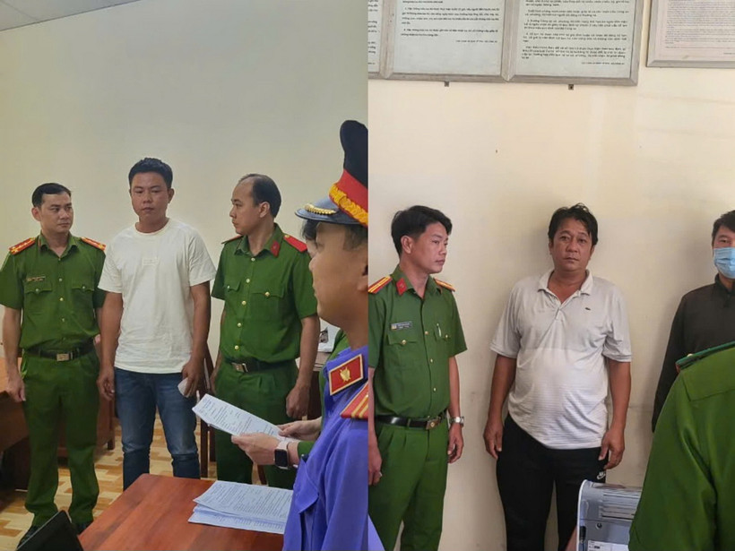 Cơ quan Cảnh sát điều tra, Công an tỉnh Kiên Giang thi hành lệnh bắt bị can Nguyễn Văn Tiền (trái) và Đặng Minh Dương (phải) để điều tra về hành vi lừa đảo chiếm đoạt tài sản. (Ảnh: TTXVN phát)