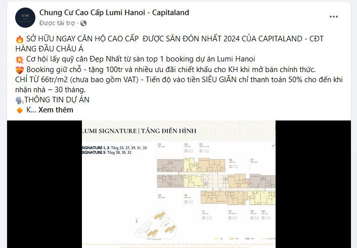 Một bài viết mời booking cho dự án Lumi Hanoi trên mạng xã hội. (Nguồn: Vietnam+)