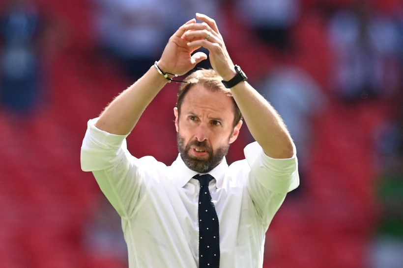 Huấn luyện viên Gareth Southgate vui mừng sau khi các học trò giành chiến thắng trong trận đấu với Croatia trên sân vận động Wembley ở London, Anh, ngày 13/6/2021. (Ảnh: AFP/TTXVN)