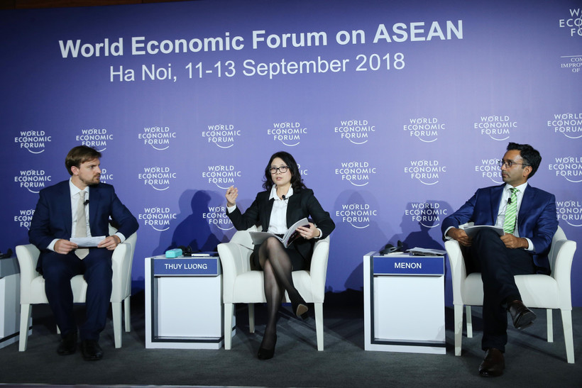 WEF ASEAN 2018: Họp báo về tầm ảnh hưởng trí tuệ nhân tạo đối với việc làm. (Ảnh: Lâm Khánh/TTXVN)