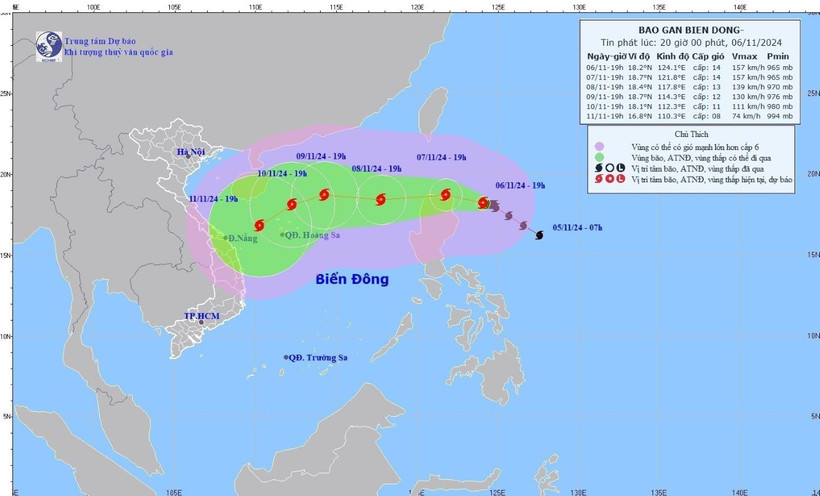 Hướng di chuyển của bão, tối 6/11. (Ảnh: TTXVN phát)