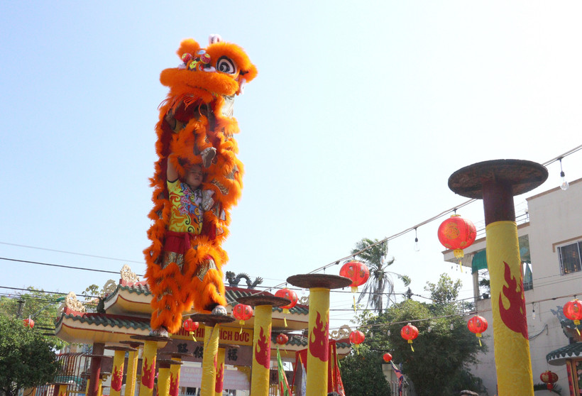 Múa Lân trên mai hoa thung luôn đòi hỏi sự hợp tác ăn ý và kỹ thuật khéo léo của 2 người. (Ảnh: Lê Thúy Hằng/TTXVN)