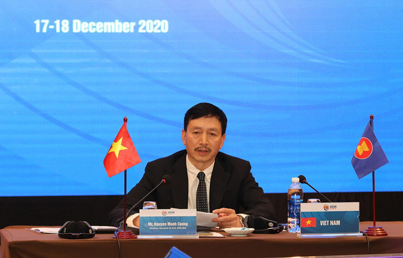 Trong ảnh: Ông Nguyễn Mạnh Cường, Vụ trưởng Vụ Hợp tác Quốc tế (Bộ Lao động-Thương binh và Xã hội) phát biểu tại điểm cầu Hà Nội. (Ảnh: Anh Tuấn/TTXVN)