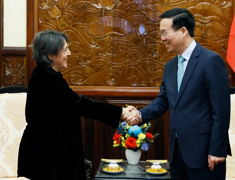 Chủ tịch nước Võ Văn Thưởng tiếp Đại sứ Tây Ban Nha Pilar Méndez Jiméne. (Ảnh: Thống Nhất/TTXVN)